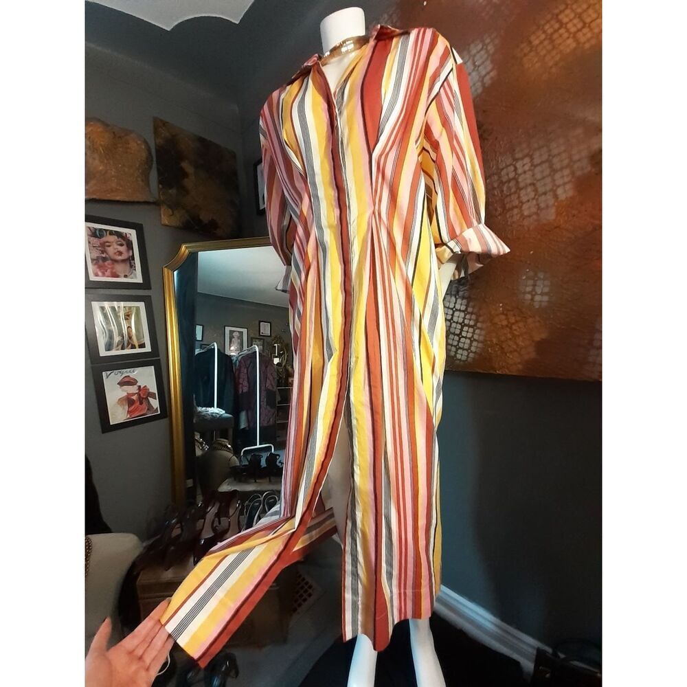 Zara 100% Cotton Striped Button-Front Maxi Shirt Dress in Warm Tones
